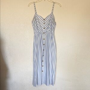 Striped Light Blue Midi Sundress with Button Front
